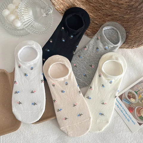 Damen Süß Blumen Bestickt Flacher Ausschnitt Baumwolle Bootssocken Atmungsaktiv Rutschfest Unsichtbar Lässige Low Cut Socken