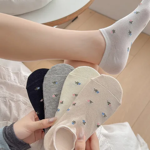 Damen Süß Blumen Bestickt Flacher Ausschnitt Baumwolle Bootssocken Atmungsaktiv Rutschfest Unsichtbar Lässige Low Cut Socken