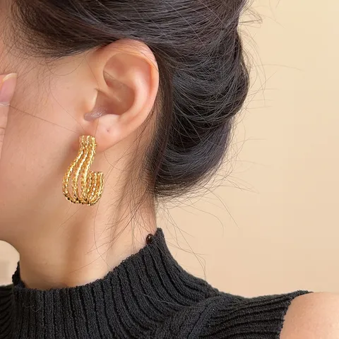 Trendy Copper J-Shaped Drop Earrings Geometric Wheat Ear Pattern Silver Earring Post For Commuting Women Jewelry Accessories