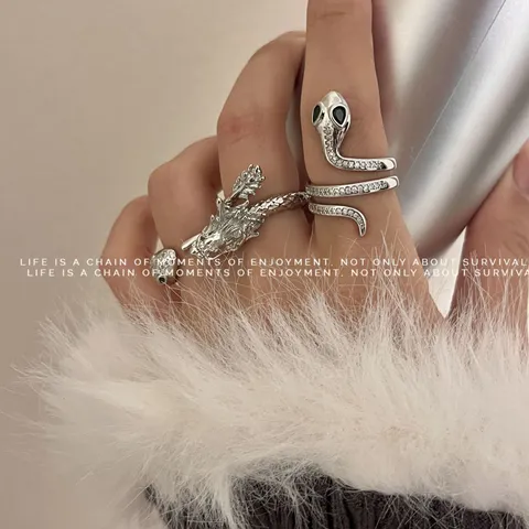 Retro Alloy Rhinestone Dragon Head And Snake Wrapping Open Ring For Women Chinese Chic Stackable Finger Ring Jewelry