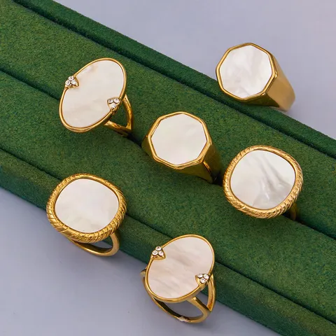 Westerse Stijl Geometrisch Roestvrij Staal PVD Verguld Natuurlijke Schelp Ring Minimalistisch Strass Accent Parelmoer Vrouwen Vingerring Sieraden Cadeau