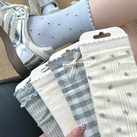 Calcetines de Media Pantorrilla de Algodón Peinado Casual para Mujer Estilo Coreano Dulce Lazo Volante Cuadros Diseño Floral Moda