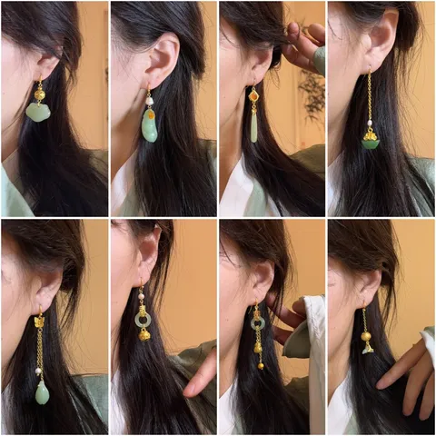 Handmade New Chinese Style Alloy Faux Jade Tassel Earrings Vintage Artificial Pearl Bell Drop Earrings For Women