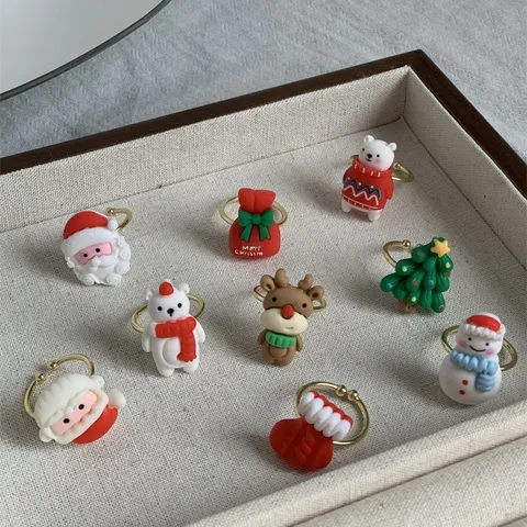 Kerstmis Cartoon Hars Legering Verstelbare Open Ring Voor Vrouwen Schattige Kerstman Sneeuwpop Rendier Kerstboom Vakantiefeest Sieraden Cadeau