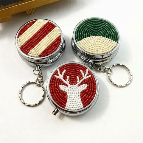 Christmas Seed Bead Metal Pill Box Keychain Portable Reindeer Striped Pattern Mini Jewelry Storage Case Small Round Organizer