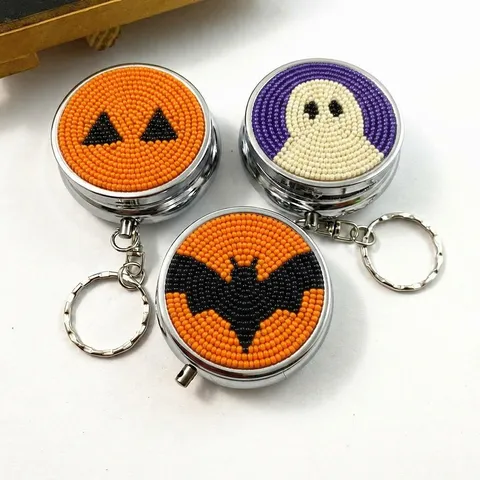 Halloween Handgefertigte Perlen Metall Pillendose Schlüsselanhänger Kreative Kürbis Geist Fledermaus Kleine Aufbewahrungsbox Für Reisen Dekoration