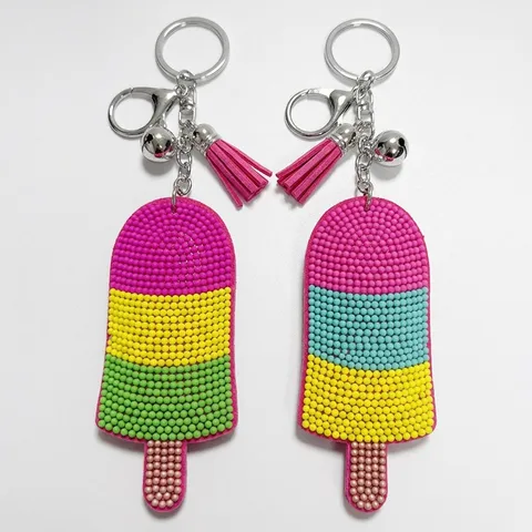 Handmade Glass Bead Ice Cream Keychain Creative Rainbow Popsicle Tassel Bag Pendant Cute Colorful Bead Key Ring Charm Accessory