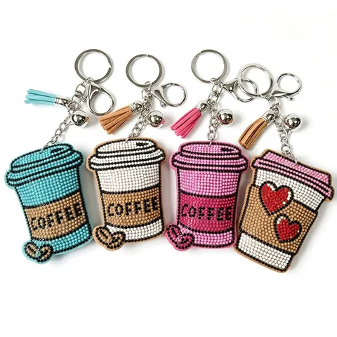 Niedliche Handgefertigte Perlen Kaffeetasse Schlüsselanhänger Dekorative Glasperlen Tasche Anhänger Mit Lederquaste Glocke Auto Schlüsselring Zubehör