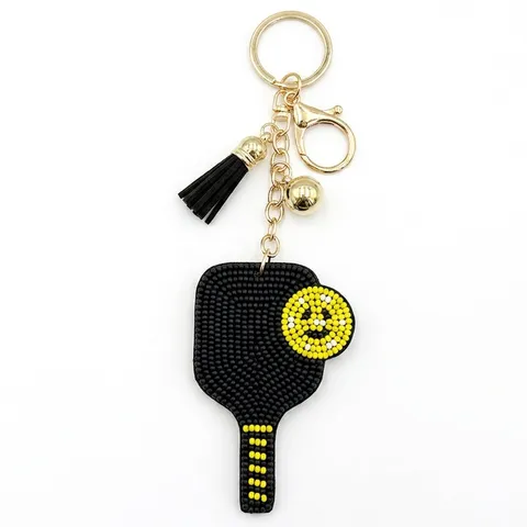 Handgefertigt Pickleball-Schläger Saatperlen Schlüsselanhänger Sportlich Smiley Muster Quaste Taschenanhänger Glasperlen Legierung Schlüsselanhänger