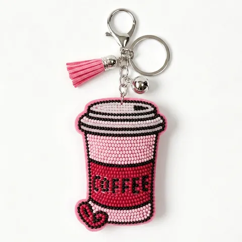 Niedliche Handgefertigte Perlen Kaffeetasse Schlüsselanhänger Dekorative Glasperlen Tasche Anhänger Mit Lederquaste Glocke Auto Schlüsselring Zubehör