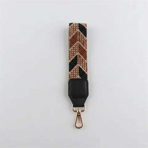 Hand-Woven 2mm Seed Bead Wristband Keychain Ethnic Geometric Pattern Phone Lanyard PU Leather Metal Clasp Strap For Women Men