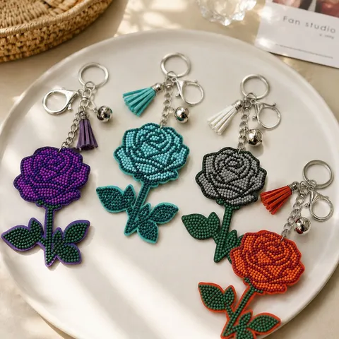 Llavero de Rosa de Cuentas Hecho a Mano Con Borla de Cuero Colgante de Bolsa Floral Lindo Llavero de Coche Joyería Mujer
