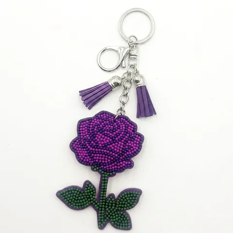 Llavero de Rosa de Cuentas Hecho a Mano Con Borla de Cuero Colgante de Bolsa Floral Lindo Llavero de Coche Joyería Mujer