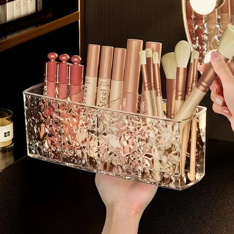 Clear PET Cosmetic Storage Box Water Ripple 4-Grid Desktop Organizer For Lipstick Eyebrow Pencil Makeup Brush Home Table