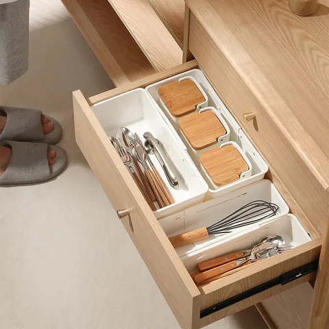 Japanese Style Retractable Drawer Organizer Plastic Storage Box Adjustable Compartment Dividers For Kitchen Drawer