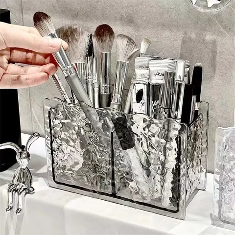 Clear PET Cosmetic Storage Box Double Grid Water Ripple Desktop Makeup Brush Lipstick Holder Organizer