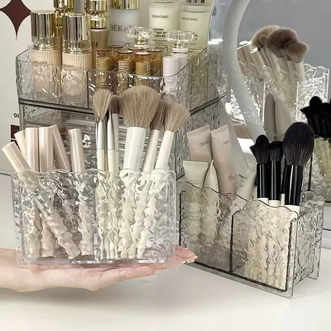 Clear PET Cosmetic Storage Box Double Grid Water Ripple Desktop Makeup Brush Lipstick Holder Organizer