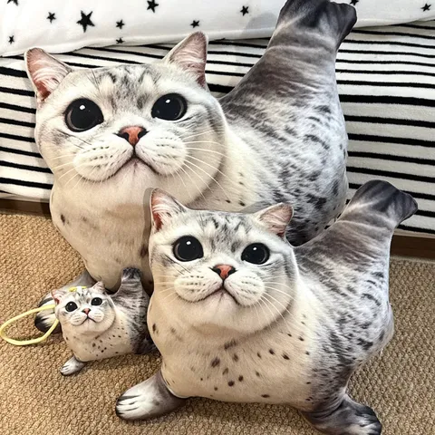 Creative Adorable Seal Cat Plush Toy Pillow Soft Stuffed Animal Doll 3D Digital Printed Funny Kitten Throw Pillow Keychain Ornament Gift For Women Girls