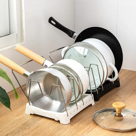 Adjustable Pot Rack Stainless Steel Kitchen Storage Organizer Holder With Towel Bar PP Base Pan Cover Cookware Shelf