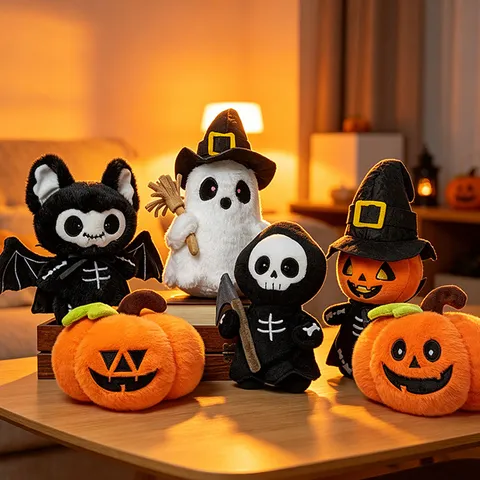 Halloween Pumpkin Plush Toy Cartoon Skeleton Ghost Bat Witch Hat Doll Soft Stuffed Animal For Kids Halloween Gift Party Decoration