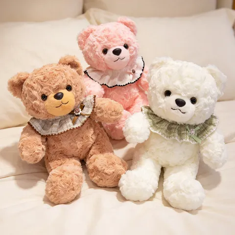 Cute Bib Teddy Bear Plush Toy Stuffed Animal Doll Soft Fluffy Ruffle Bib Bear Toy For Kids Girls Soothing Companion