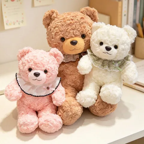 Cute Bib Teddy Bear Plush Toy Stuffed Animal Doll Soft Fluffy Ruffle Bib Bear Toy For Kids Girls Soothing Companion