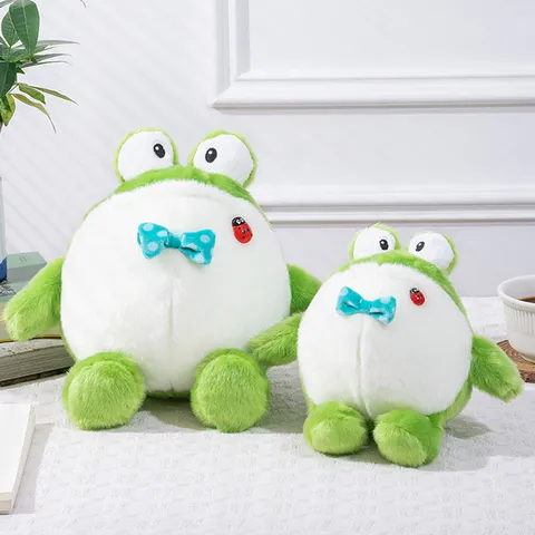 Cute Round Chubby Green Frog Plush Toy With Blue Polka Dot Bow Tie And Ladybug Stuffed Animal Doll For Kids Comfort Gift