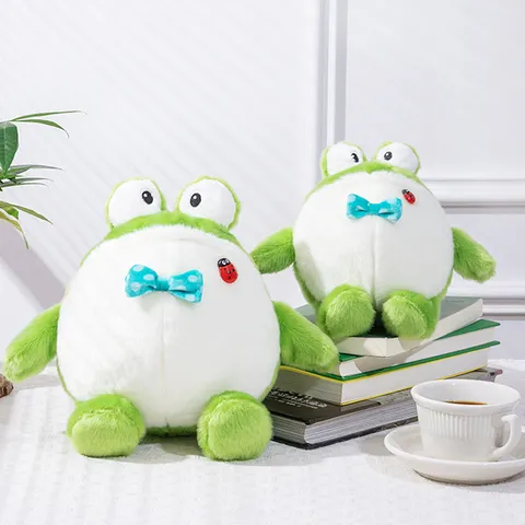 Cute Round Chubby Green Frog Plush Toy With Blue Polka Dot Bow Tie And Ladybug Stuffed Animal Doll For Kids Comfort Gift
