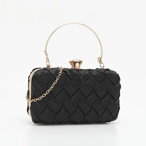 Women Rhinestone Evening Bag Woven Satin Artificial Pearl Clutch Banquet Formal Dress Handbag Wedding Party Shoulder Bag With Chain