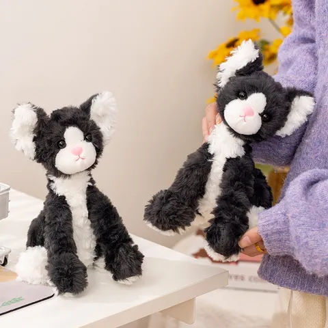 Cute Black And White Devon Rex Cat Plush Toy Soft Stuffed Animal Kitten Doll Children Companionship Soothing Toy