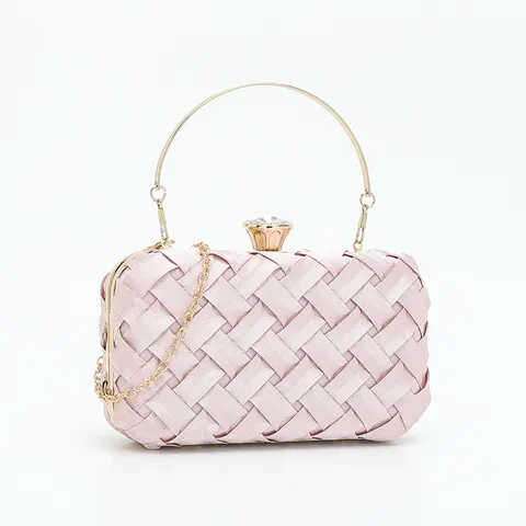 Women Rhinestone Evening Bag Woven Satin Artificial Pearl Clutch Banquet Formal Dress Handbag Wedding Party Shoulder Bag With Chain
