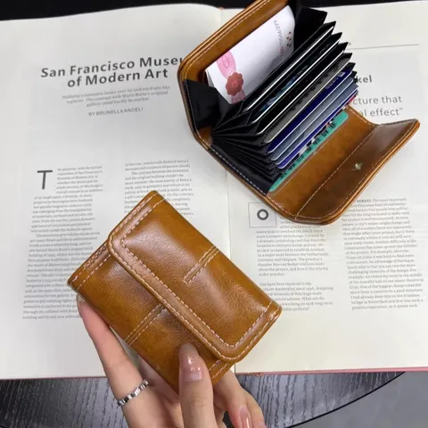 Damen Vintage Ölwachs PU-Leder Kartenhalter RFID-Schutz Mehrere Fächer Akkordeon Geldbörse Kleines Etui Kreditkarten-Organizer