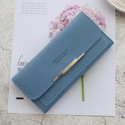 Women Long Wallet Elegant PVC Leather Stitching Fold Over Clutch Purse Large Capacity Card Slots Handy Money Organizer Wristlet