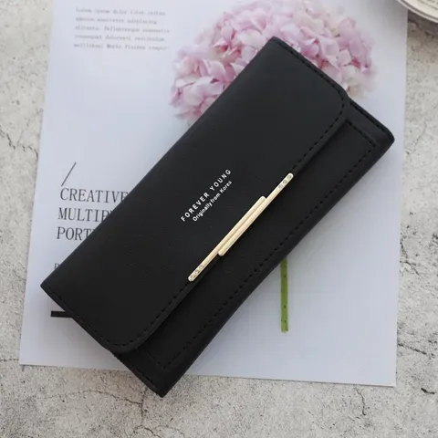 Women Long Wallet Elegant PVC Leather Stitching Fold Over Clutch Purse Large Capacity Card Slots Handy Money Organizer Wristlet