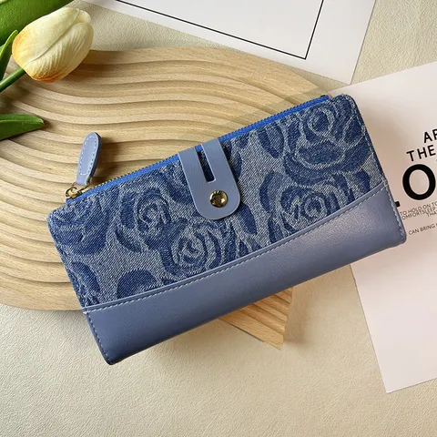 Women's Denim Pattern PU Leather Wallet With Multiple Card Slots Zipper Buckle Short Long Coin Purse Street Trend Wallet