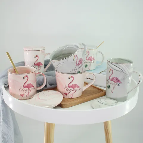 Ins Noordisch Creatief Marmer Keramiek Mok Met Deksel En Lepel Geschenkdoos Ontbijt Waterbeker Leuke Flamingo Keramiek Koffiemok