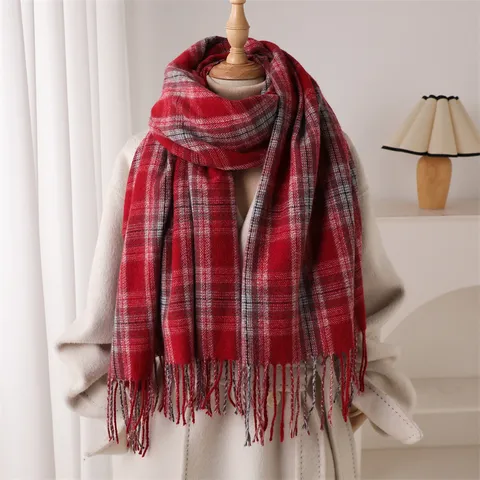 Classic Plaid Imitation Cashmere Scarf Tassel Fringe Warm Winter Shawl Fashion Commuting Unisex Neck Scarf