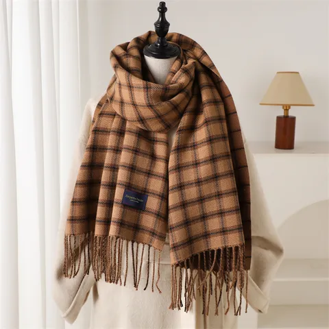 Unisex Autumn Winter Warm Fashion Commuting Tassel Scarf Classic Plaid Imitation Cashmere Shawl Scarf