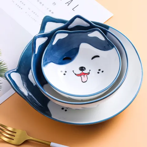 Leuke Cartoon Hond Keramisch Servies Kom Bord Lepel Creatief Handgeschilderd Onderglazuur Tafelgerei Cadeau Voor Kinderen Thuis