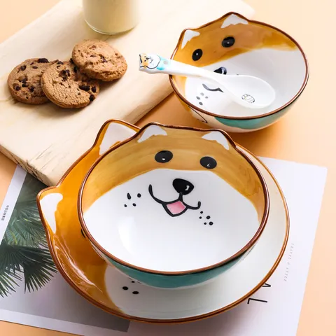 Leuke Cartoon Hond Keramisch Servies Kom Bord Lepel Creatief Handgeschilderd Onderglazuur Tafelgerei Cadeau Voor Kinderen Thuis