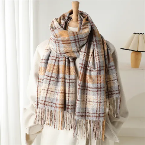 Winter Warm Plaid Scarf Tassel Imitation Cashmere Scarf Fashion Commuting Casual Soft Long Scarf For Unisex
