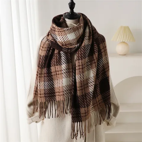 Classic Plaid Imitation Cashmere Scarf Winter Warm Tassel Shawl Fashion Commuting Versatile Long Scarf For Women Men