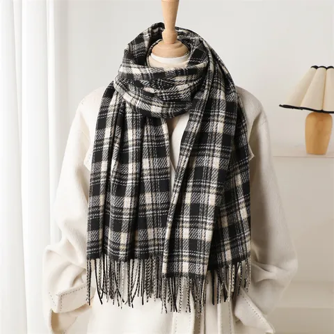 Unisex Fashion Plaid Scarf Tassel Cashmere-Feel Warm Winter Shawl Casual Commuting Long Scarf For Men And Women