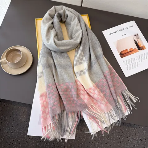 Unisex Winter Warm Faux Cashmere Scarf Classic Plaid Tassels Soft Shawl Long Wrap Fashion Commuting Neckwear