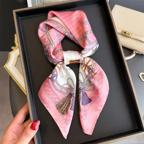 French Court Carriage Chain Printed Square Scarf Elegant Women Lightweight Neck Scarf Headband Shawl Fashion Accessories
