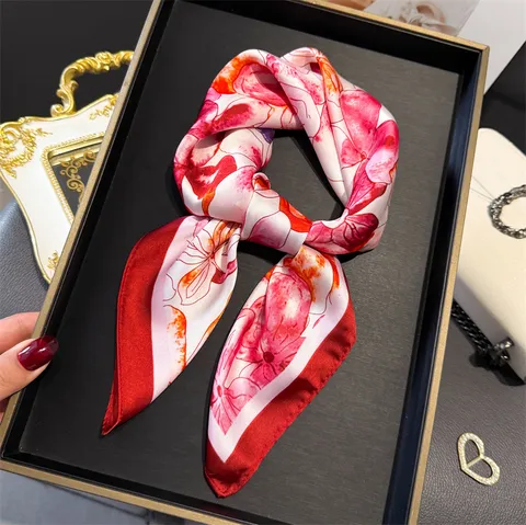 Womens Fashion Floral Print Square Scarf Elegant Versatile Lightweight Satin Neck Scarf Headband Sun Protection Shawl