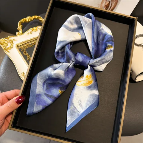 Women Fashion Floral Print Satin Square Scarf Elegant Blue Flower Silk Feel Neck Scarf Daily Casual Head Scarf Wrap