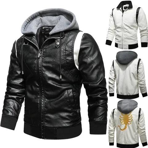 Men's Faux Leather Motorcycle Jacket Embroidered Scorpion Hooded PU Leather Coat Casual Outwear Windproof Biker Top