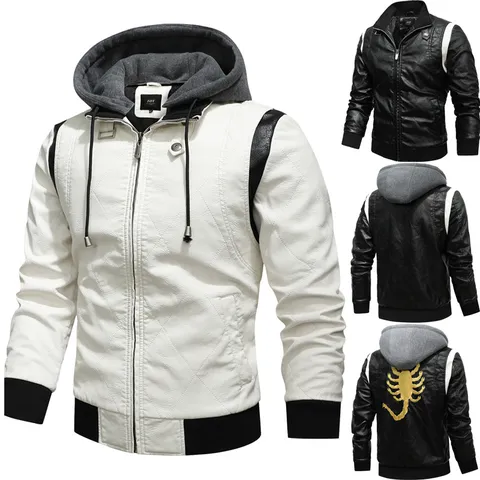 Men's Faux Leather Motorcycle Jacket Embroidered Scorpion Hooded PU Leather Coat Casual Outwear Windproof Biker Top