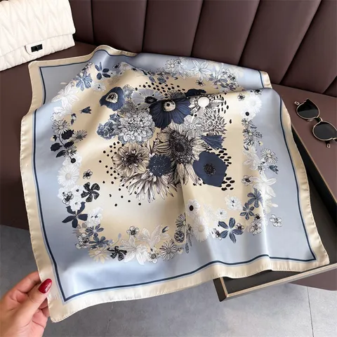 Women Fashion Floral Printed Square Scarf Elegant Satin Neckerchief Lightweight Sun Protection Head Scarf For Daily Wear